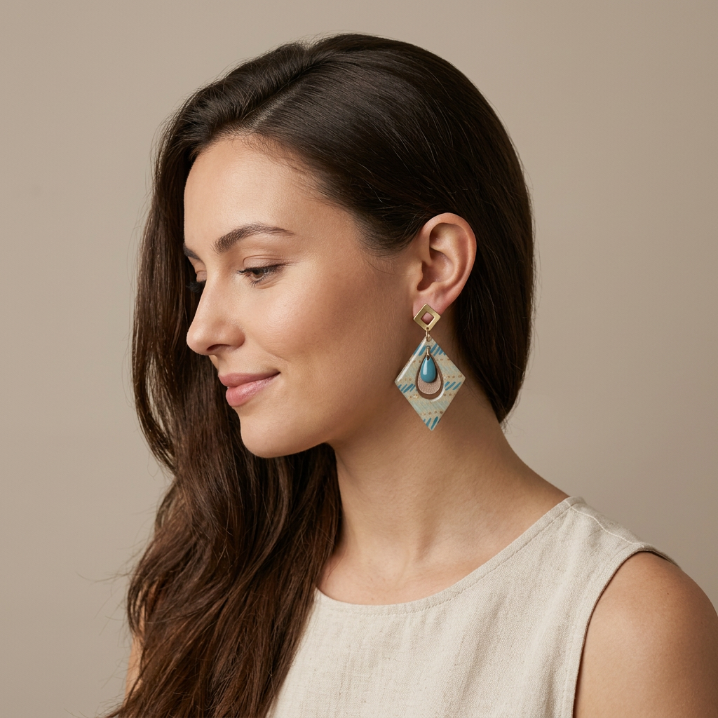 Boucles d'oreilles artisanales forme losange – bleues & dorées · Trikōṇa